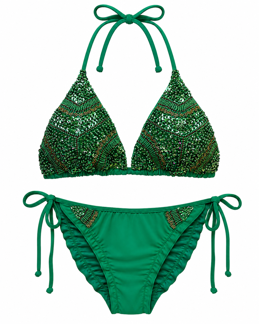 Emerald Sequin Beaded Triangle Bikini Set