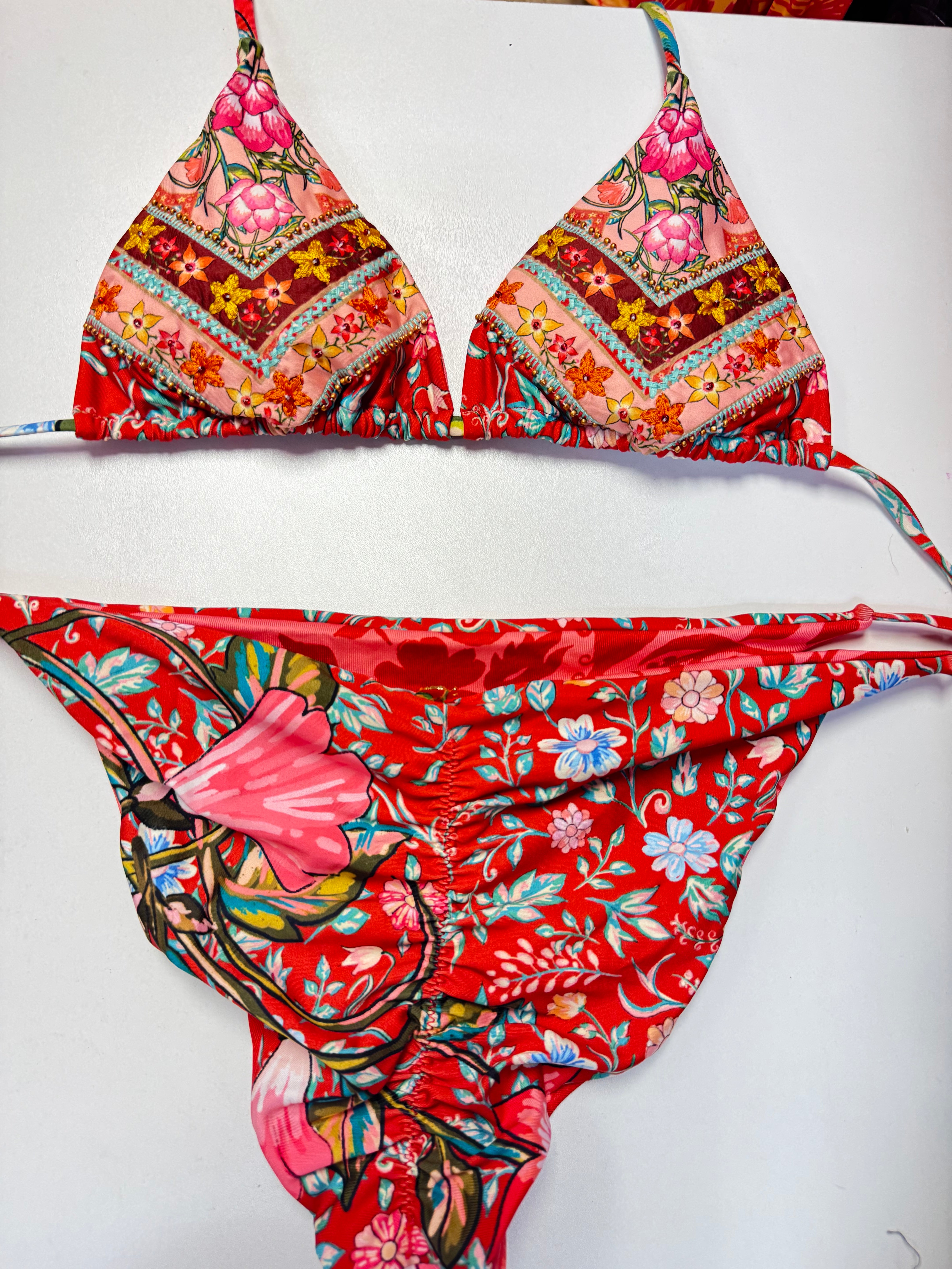 Boho Floral Triangle Bikini Set – Red Sunset