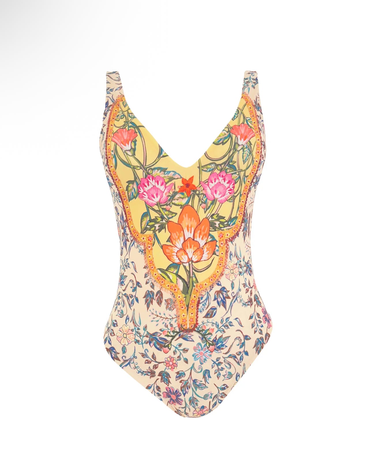 Floral V-Neck One-Piece Swimsuit – Blue - Yellow Bloom