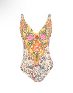 Floral V-Neck One-Piece Swimsuit – Blue - Yellow Bloom