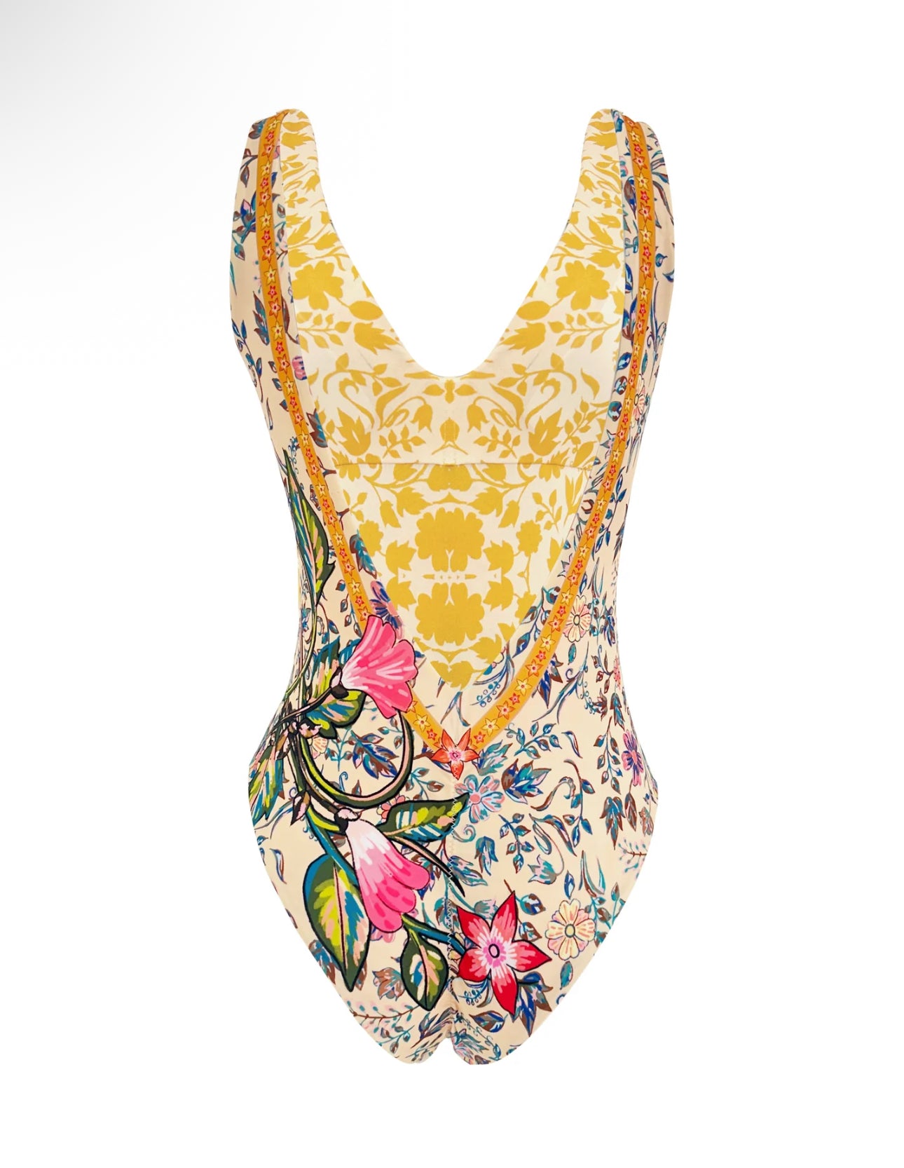 Floral V-Neck One-Piece Swimsuit – Blue - Yellow Bloom