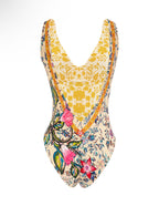 Floral V-Neck One-Piece Swimsuit – Blue - Yellow Bloom