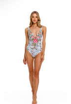 Floral V-Neck One-Piece Swimsuit – Blue - Yellow Bloom