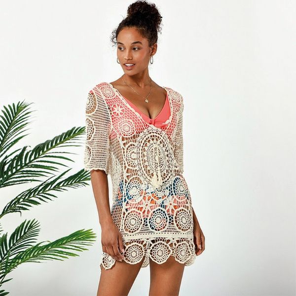 beige crochet bikini cover up