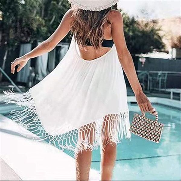 White Backless Dress with Sexy Tassels Perfect Swimwear