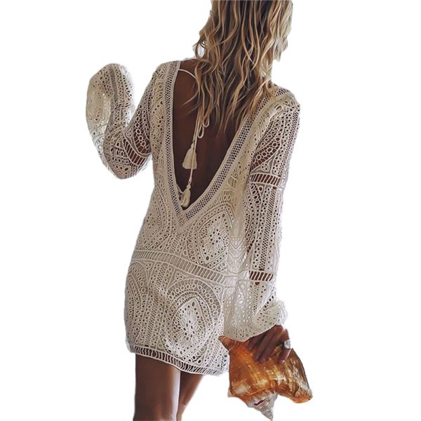 Women's Long Sleeve Swim Cover Up Sexy Lace Sheer Dress2
