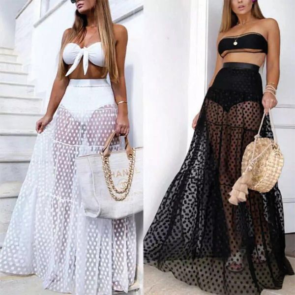 summer swimwear women maxi skirt see through polka